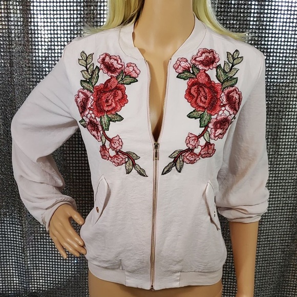 Rose Colored w/ Rose Embroidery Zip-Up Jacket - Picture 1 of 4